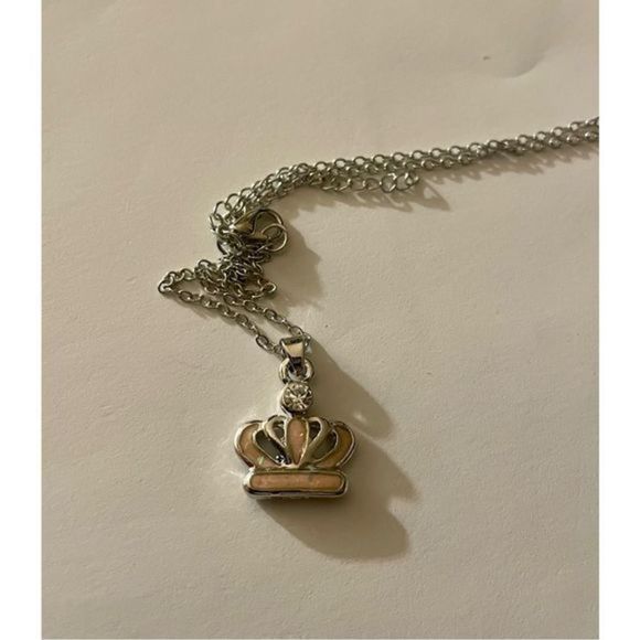 PINK OPAL WHITE SAPPHIRE ON SILVER CROWN NECKLACE - Picture 4 of 7